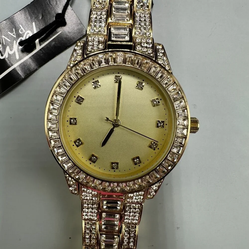 Techno Pave Watch Men Gold Tone Bling Iced Out Crystal Accents New Battery 9